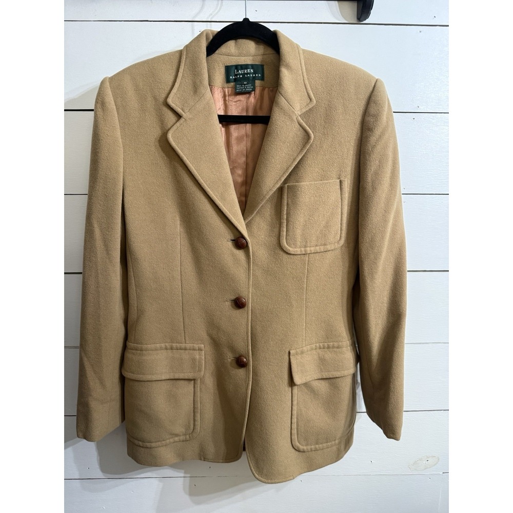 VTG Ralph Lauren Women's Tan Camel Hair Wool Blazer Size 10 Leather Buttons